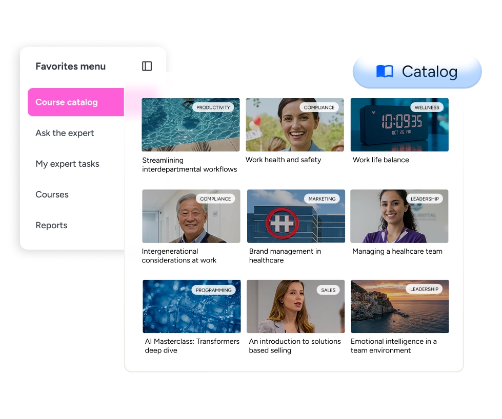 Docebo product preview showing a course catalog and a favorites menu with courses and reports.