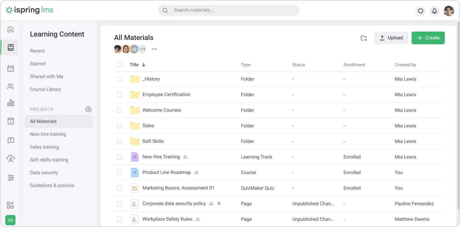 iSpring LMS learning content screen listing folders, learning tracks, courses and other materials.