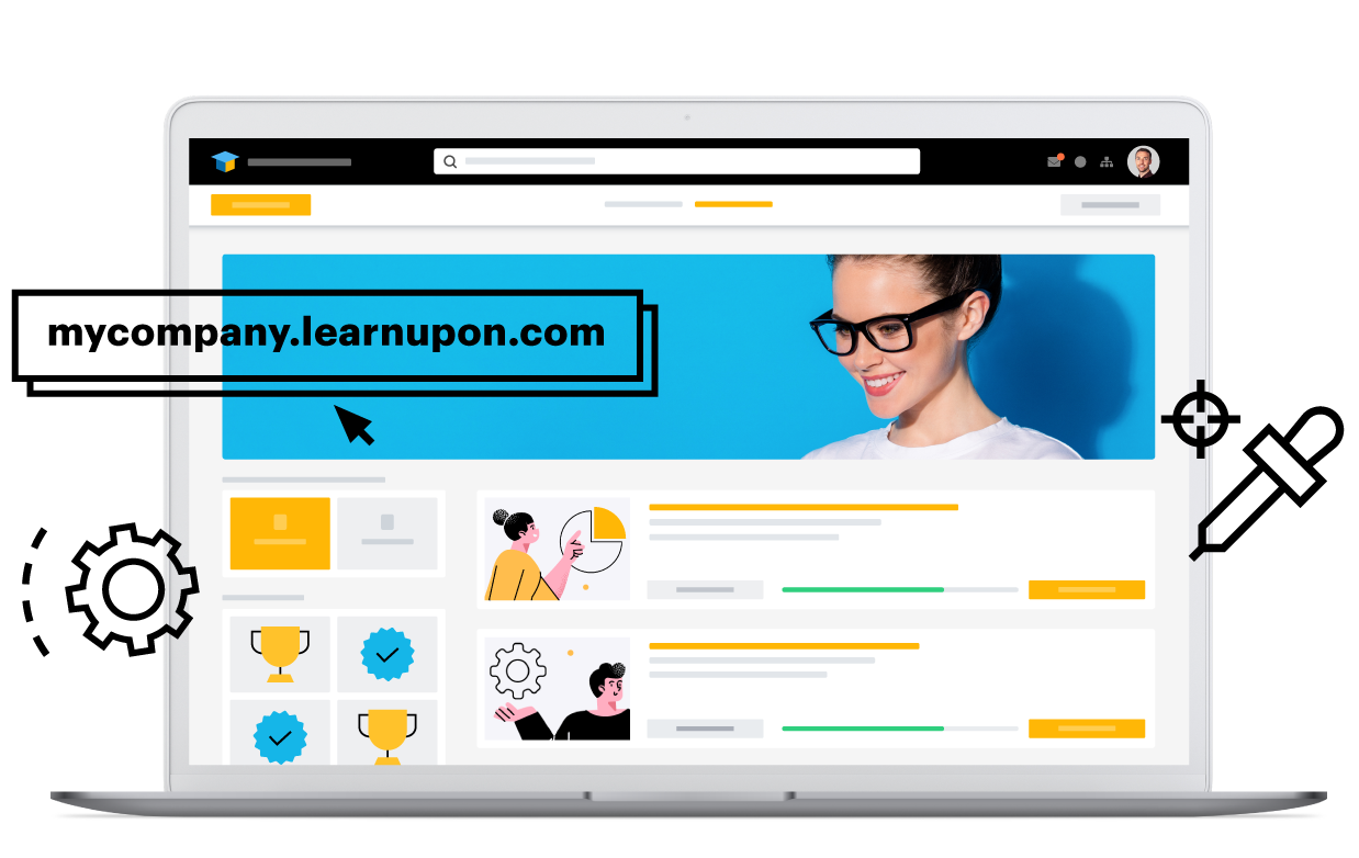 LearnUpon illustration of a branded learner portal on a laptop, with course listings and achievement badges.