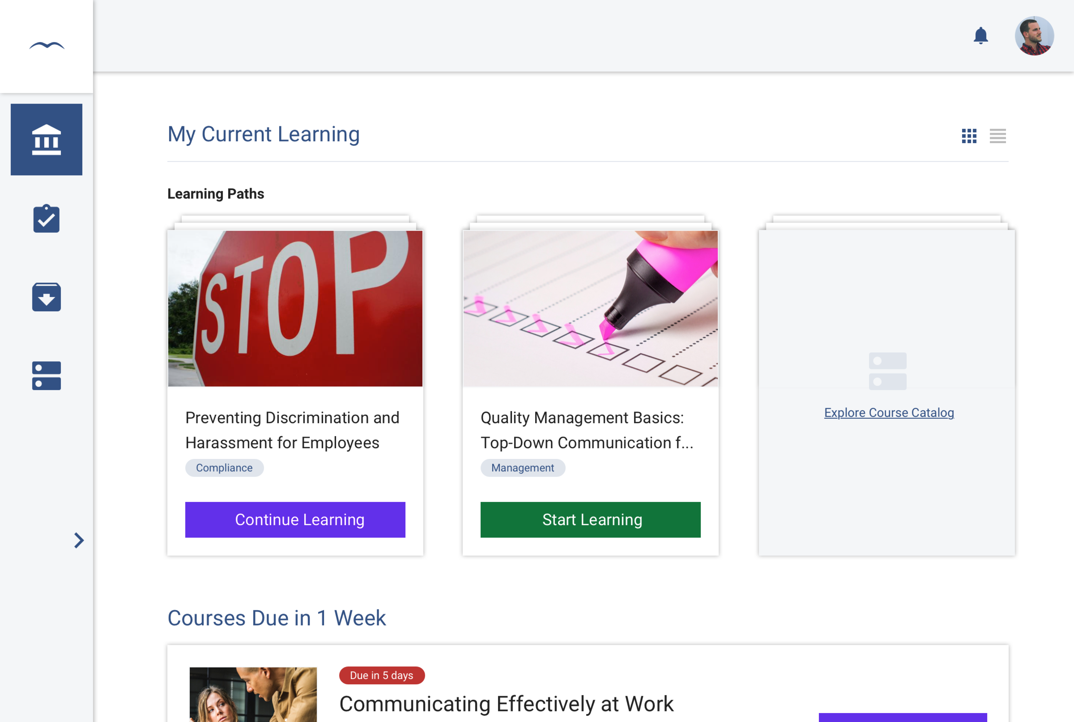 SkyPrep learner dashboard with current learning paths, course cards and upcoming course deadlines.